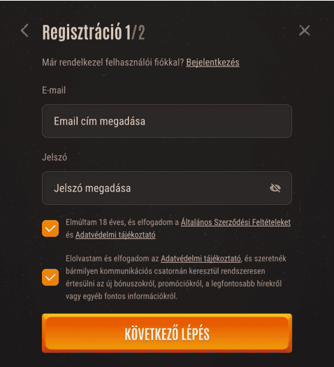 Registration at Neon54 casino